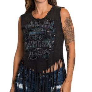 Harley Davidson Smoke & Flames Fringed Tank Top-Black Wash
